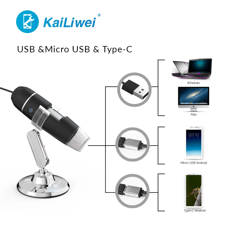 Kailiwei Adjustable 1000X 3 in 1 USB Microscope 8LED Digital Zoom Electronic Magnifier Handheld Portable Camera Type-C Endoscope