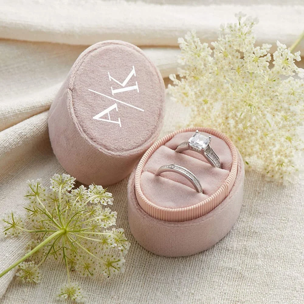 Personalized Oval Velvet Ring Box Custom Monogram Double Slot Ring Storage Box 7 Colors Engagement Wedding Decoration Handmade