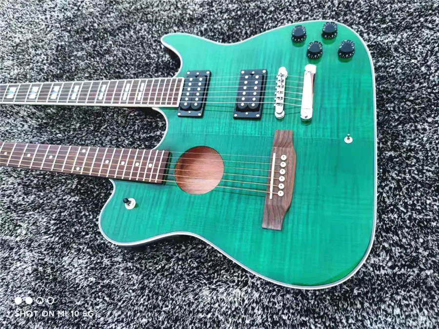 High quality custom double - head electric guitar tiger grain green sound hole free shipping