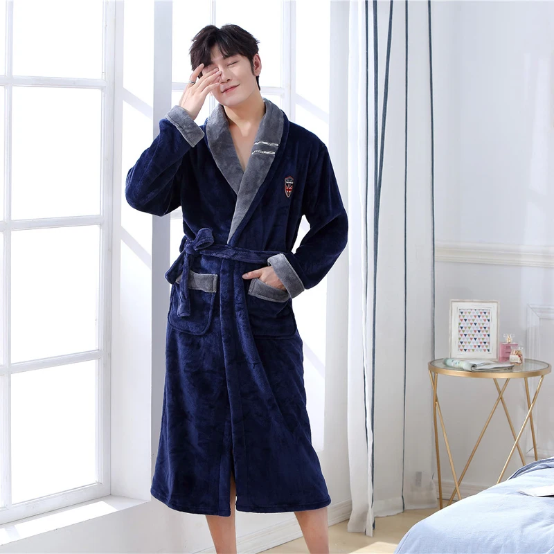 Solid Colour Intimate Lingerie Warm Full Sleeve Negligee V-neck Home Dressing Gown Male Kimono Bathrobe Gown Nightwear