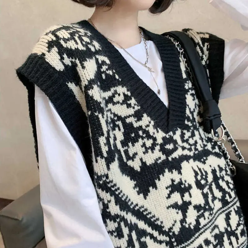 Sweter kamizelka z dzianiny damskie Harajuku Vintage dekolt w serek koreański styl bez rękawów luźne topy na co dzień eleganckie piękne Ulzzang