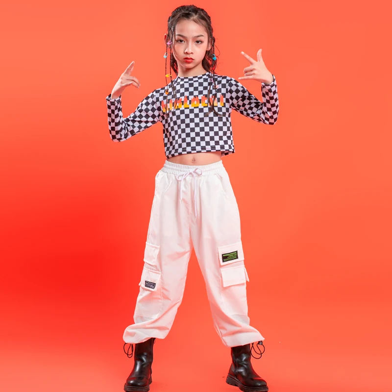 Kids Cool Hip Hop Clothing Checkered Crop Tops Shirt Streetwear Tactical Cargo Pants for Girls Jazz Dance Costume Show Outfits