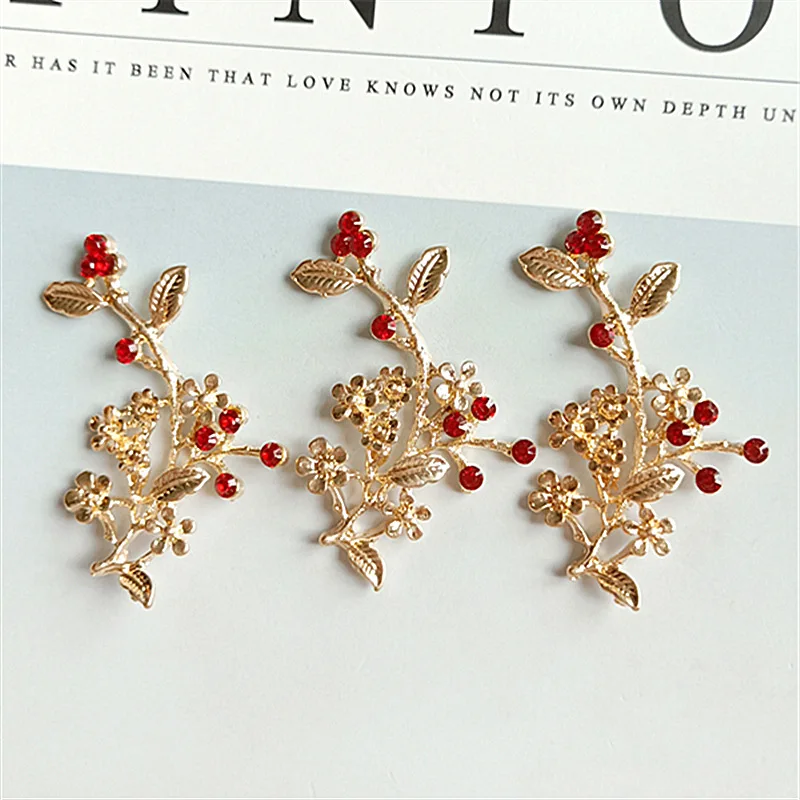 10 Pcs/lot Alloy Branch Gold Red Rhinestone Buttons Pendants Decorative Jewelry Earrings Choker Hair DIY Jewelry Accessories