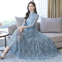 Chinese Style Vintage Lace Long Sleeve Maxi Dress 2024 Autumn Winter Floral Evening Dresses Elegant Women Bodycon Party Vestidos