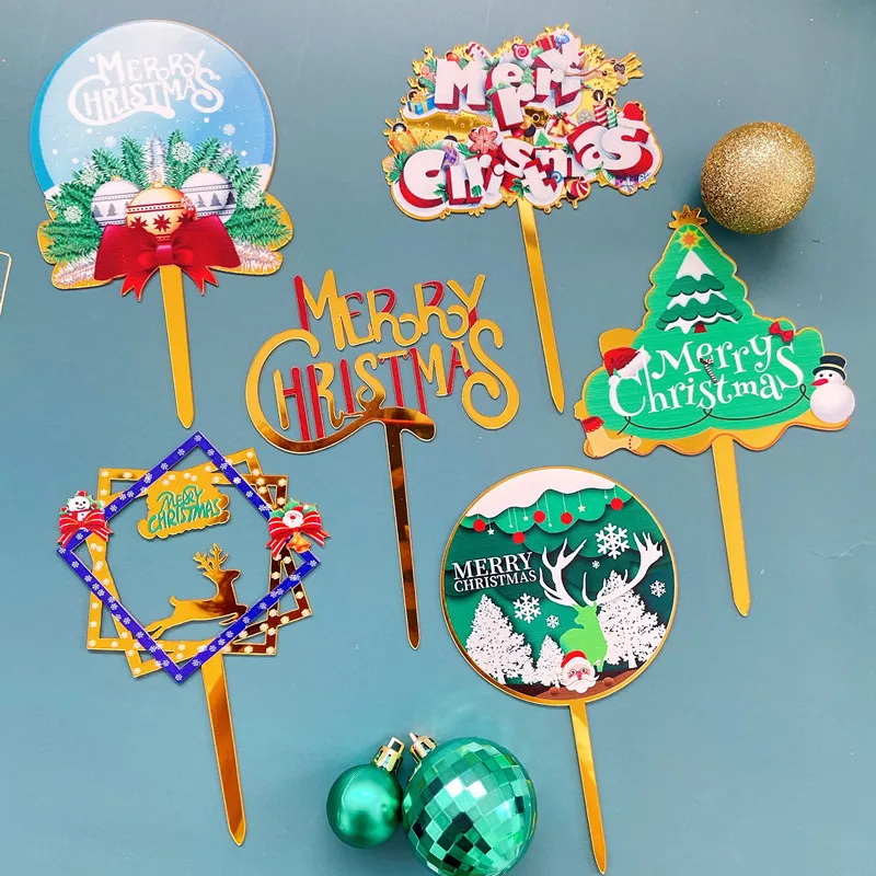 New Happy Christmas Acrylic Color Printing Cake Topper Christmas Tree Elk Baking Cake Topper for New Year Party Cake Decoration