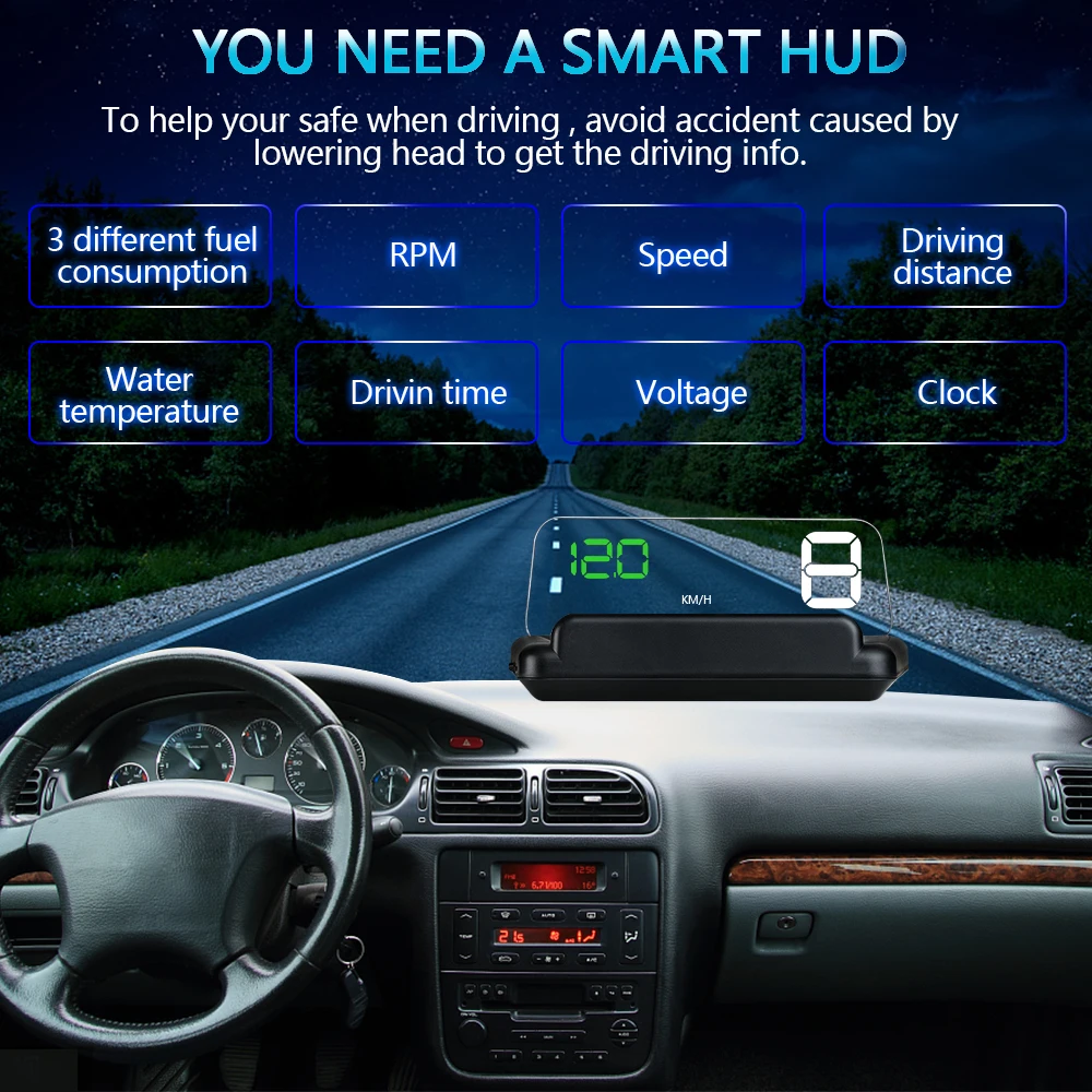 Car Head Up Display C500 HUD Water Temp RPM Voltage Test Alarm Windshield Mirror Projector OBD2 Speedometer Clock Accessories