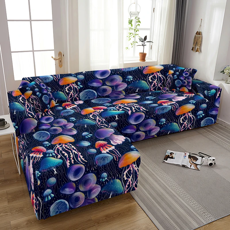 Elastic Sofa Cover Stretch Sectional Corner Couch Covers Universal Size For Living Room 1/2/3/4 Seater Jellyfish Print Slipcover