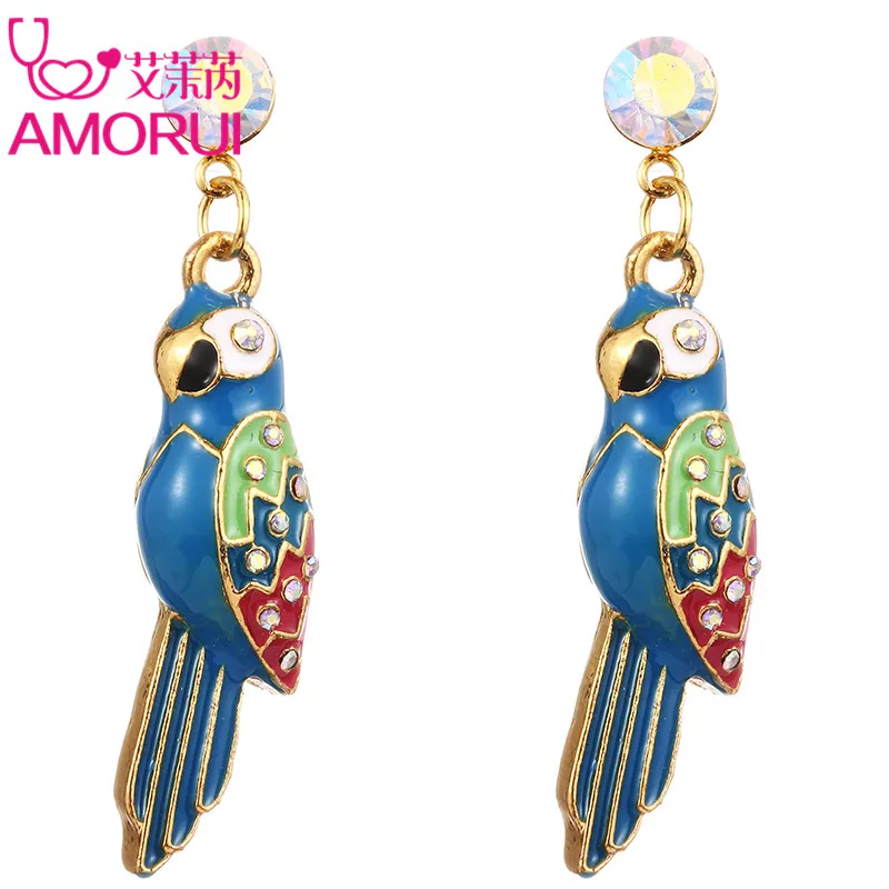 AMORUI Women Drop Earings Jewelry Blue Enamel Parrot Gold Color Rhinestone Drop Earrings for Women Brincos Earring Bijoux Gift