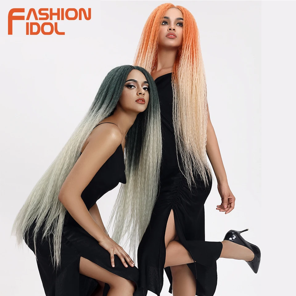 FASHION IDOL Afro Kinky Straight Hair Synthetic Long Braided Wigs Cosplay 38 inch Lace Wigs For Black Women Ombre Pink Green Wig