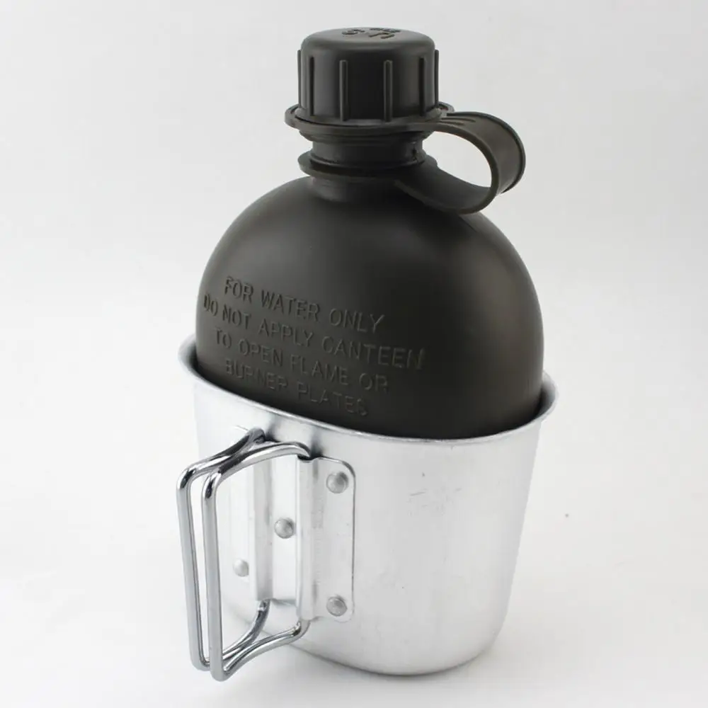 1L Outdoor Army Military Water Bottle Camping Hiking Picnic Canteen with Aluminum Cup Portable for Outdoor Travel