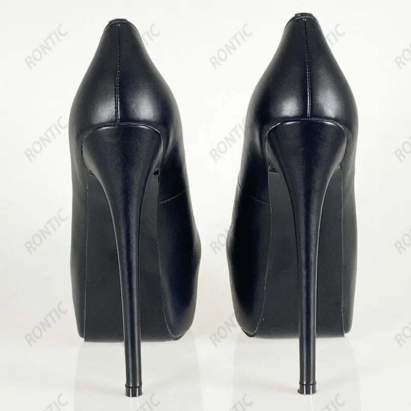 Rontic Handmade Women Spring Platform Pumps Faux Leather Stiletto Heels Round Toe Elegant Black Night Club Shoes US Size 5-20