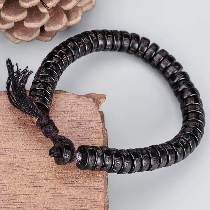 Tibetan Buddhist Handbraided Brown Black Cotton Thread Lucky Knots Bracelet Natural Coconut Shell Bead Carved Mantra Bangle