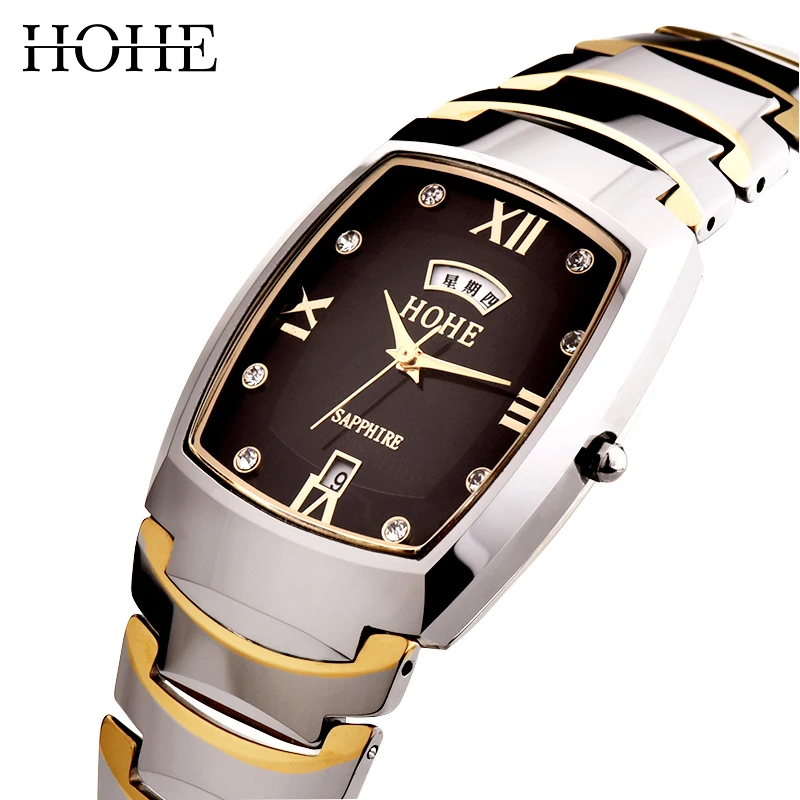 Tungsten steel watch men's rectangular double calendar wear-resistant waterproof watch women's watch business men's Watch