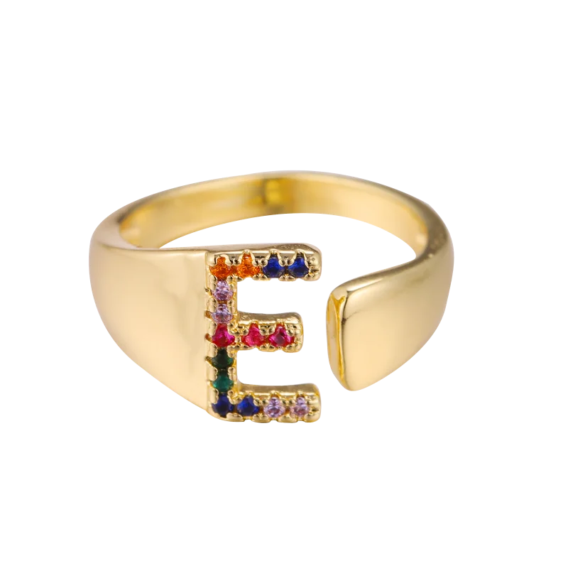 Juya Drop Shipping 18K Real Gold Plated Open Adjustable Initial Letter Rings For Women Men Rainbow Crystals Jewelry Supplies