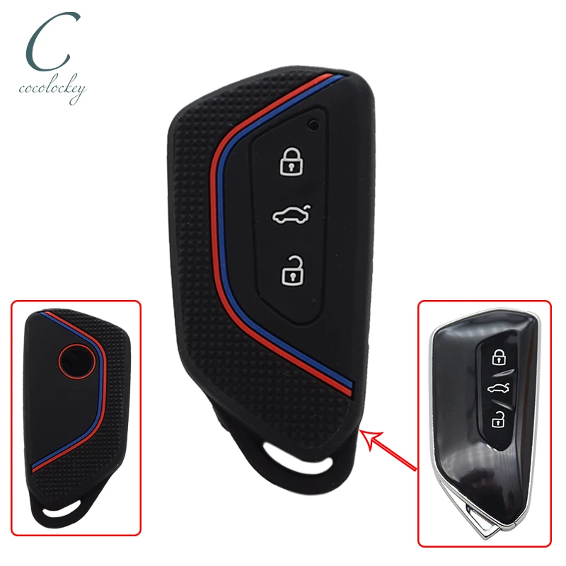 Cocolockey Silicone Car Key Cover for VW Golf 8 Mk8 2020 for Skoda 3Button Smart Keyless Remote Control Fob Case Keychain Holder