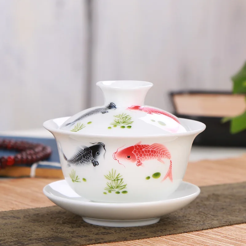 High grade white porcelain Gaiwan ceramic tea set Sancai cover bowl blue and white tea set tea bowl 150ml