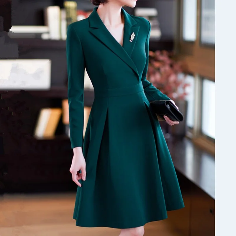 Frühling Herbst Frauen Elegante Blazer Kleid Langarm V-ausschnitt Slim A-linie Midi Kleider Büro Damen Arbeiten Formale Kleidung übergroßen