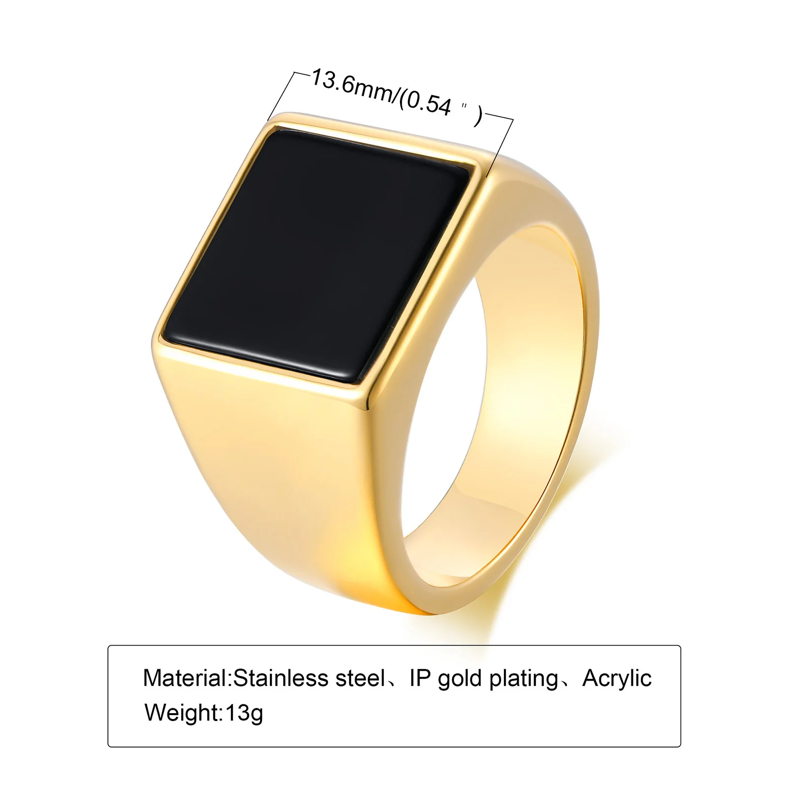 Fashion Golden Glossy Square Seal Stainless Steel Resin Geometric Men\'s Punk Rock Ring Party Jewelry Wedding Accessories