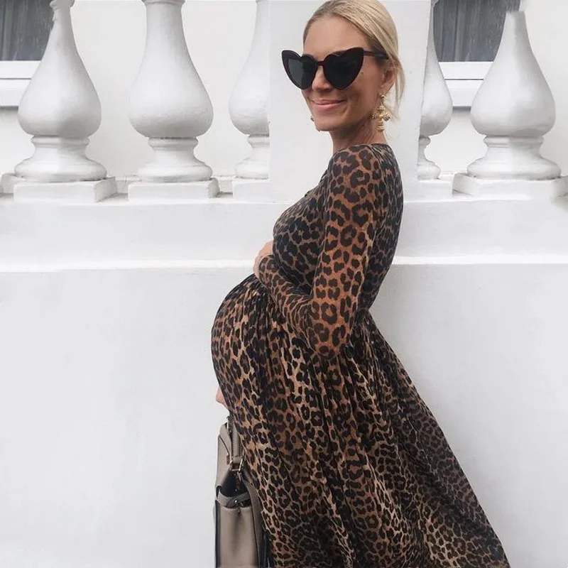 

Maternity Dresses For Photo Shoot Long Sleeve Leopard Print Ruffled Pregnant Dress Photography Maternity Clothes Baby Shower