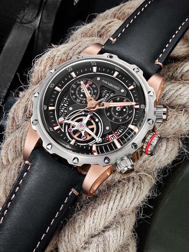 HANBORO Men Chronograph Watch Sport Watches Waterproof Luminous fashion brand Quartz man watch Leather band Relogio Masculino