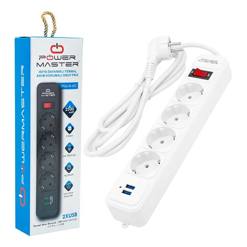 Network Filter 10A 2500W  Power Strip Switch EU Plug Sockets With 2M Extension Cord Surge Protector 2 USB Charging 4 AC Outlets