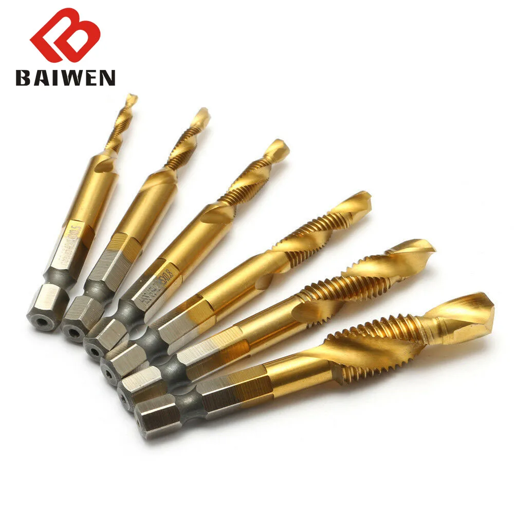 Juego de brocas de grifo de 1/4 ", vástago hexagonal, tornillo compuesto Chapado en titanio M3/M4/M5/M6/M8/M10, herramientas y accesorios para trabajar la madera, 6 piezas