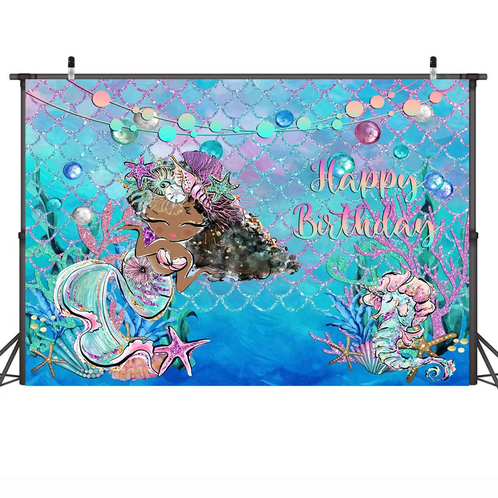 Latar belakang ulang tahun bertema putri duyung untuk fotografi di bawah laut kartun putri duyung latar belakang Hippocampus karang putri duyung baru lahir