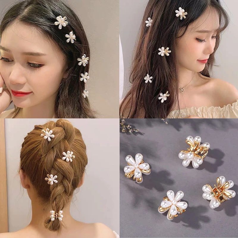 Mini pinces à cheveux en perles pour femmes, ensemble de petites pinces à fleurs coréennes, accessoires de cheveux, coiffure de mariage pour filles en forme de crabe doré, nouvelle collection 2020