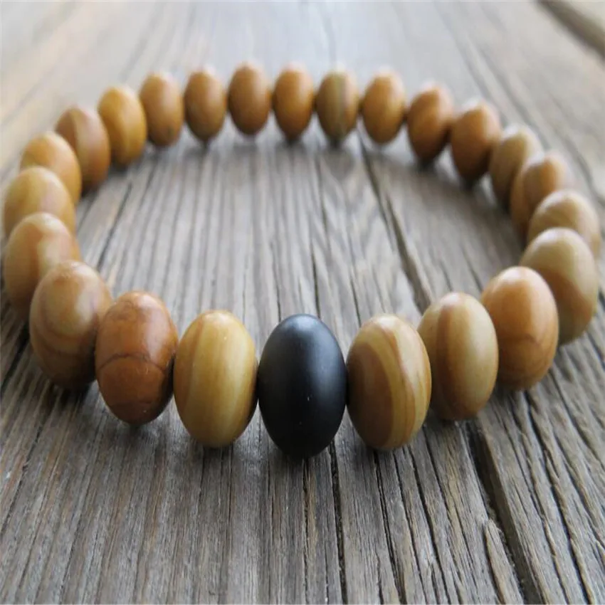 8mm Wood veins stone Obsidian Gemstone Mala Bracelet Monk 7.5inches Spirituality Stretchy Handmade Meditation Bless Unisex Wrist