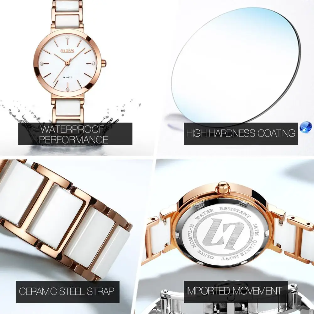 OLEVS Ceramics Watchstrap Quartz Women Watch Waterproof Luxury Brand Watch For Women Fashion Elegant Ladies Bracelet Watch 5877