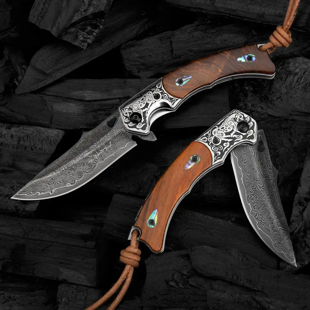 NEWOOTZ Damascus Folding Pocket Knife with Sheath Rosewood and Seashell Handle Portable EDC Knives for Survival Gift Collection