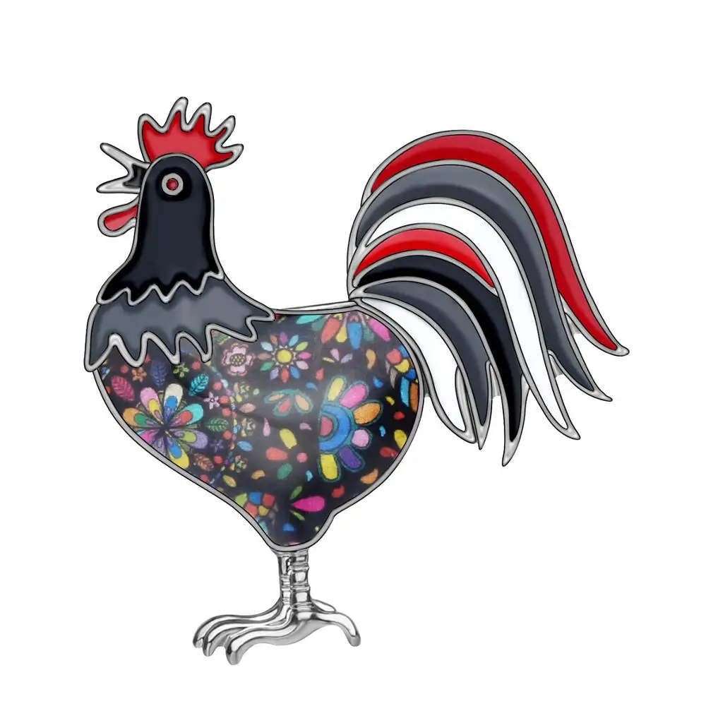Bonsny Enamel Alloy Floral Rooster Fowl Chicken Brooches Clothes Scarf Pin Animal Jewelry For Women Girls Teens Party Gift Bulk