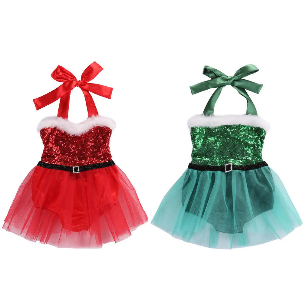 Newborn Baby Girl Sequined Christmas Romper Sleeveless Halter Bandage Voile Tutu Dress Rompers Princess Xmas Party Clothes 0-24M