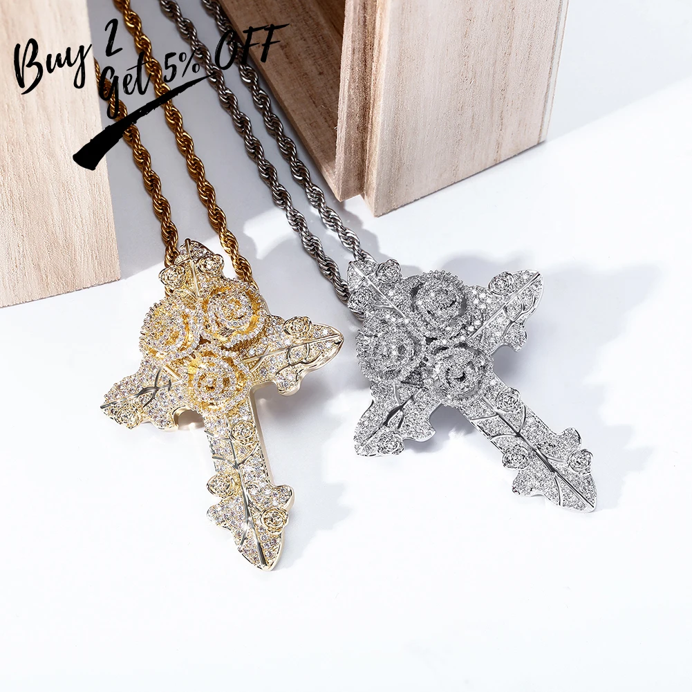 TOPGRILLZ New Rose Cross CZ Pendant Necklace High Quality Iced Out Bling Bling Pendant Hip Hop Rappers Jewelry For Gift Party