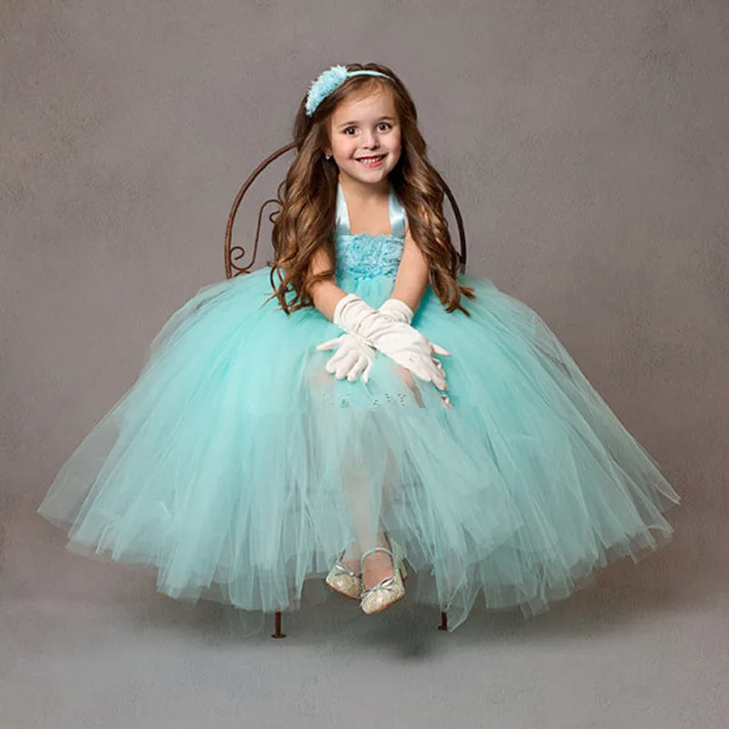 Baby Girls Aqua Flower Tutu Dress Kids Crochet Tulle Dress Ball Gown with Headband Children Birthday Party Costume Evening Dress