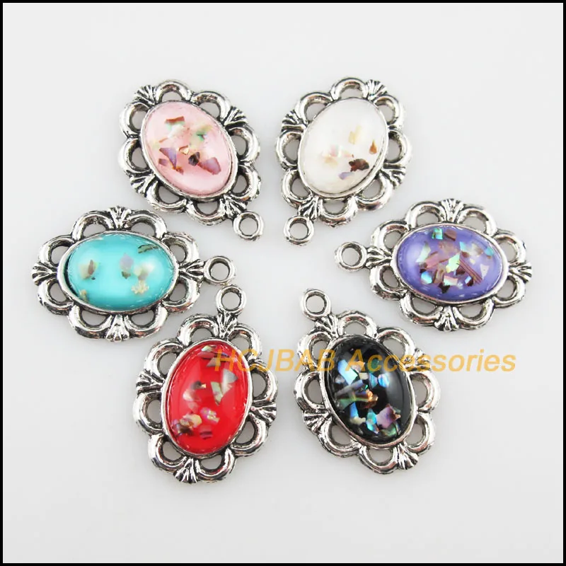 12 New Oval Flower Resin Pendants Shivering Mixed Charms Tibetan Silver 18x22mm