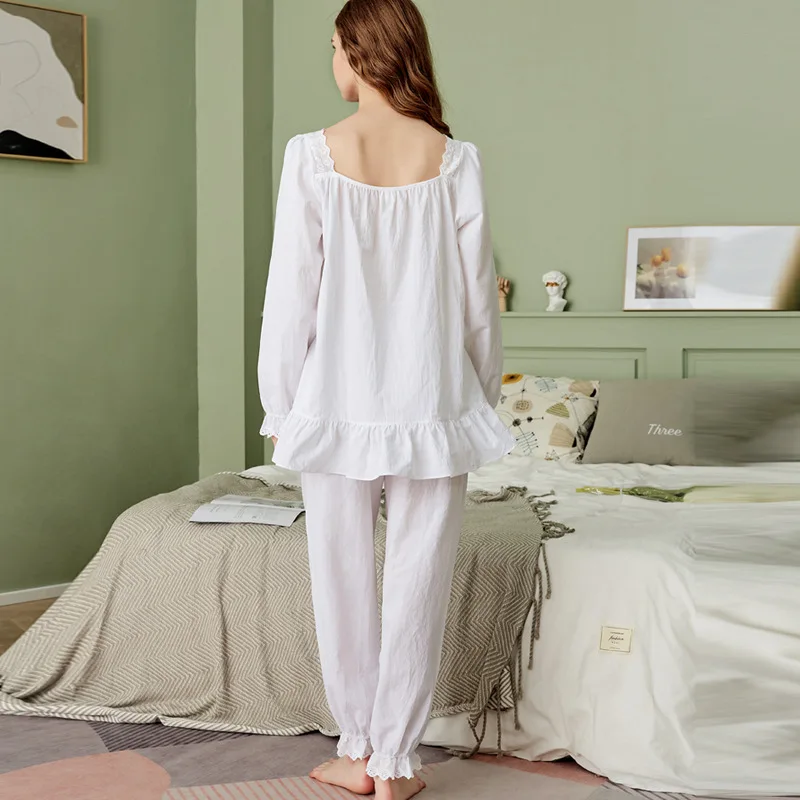 Pure Cotton Pajamas Sets Women White Vintage Lace Square Collar Long Sleeve Sleep Tops Bottoms Bloomers Pants Princess Sleepwear