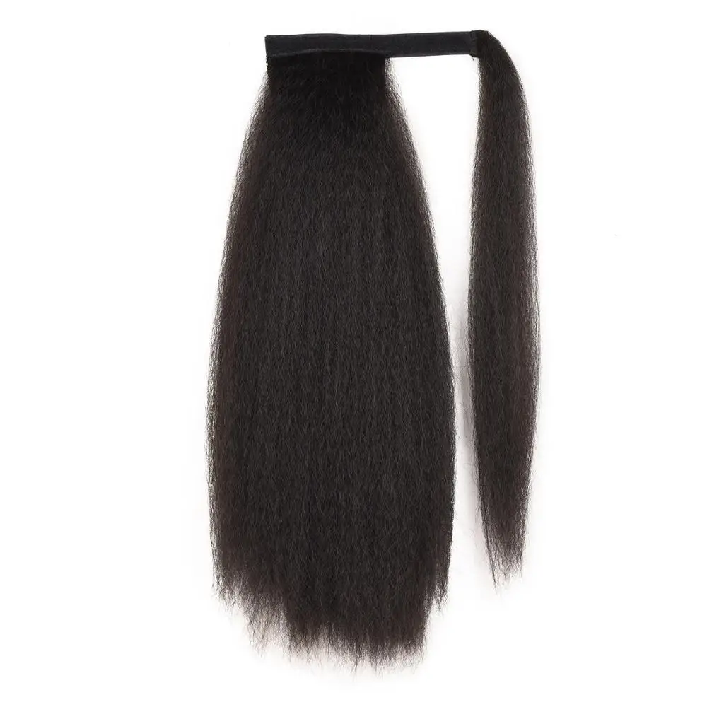 Afro Kinky Straight Ponytail Yaki Synthetic Hairpiece Wrap on Clip Hair Extensions Brown Pony Tail Natural Color Fack Hair