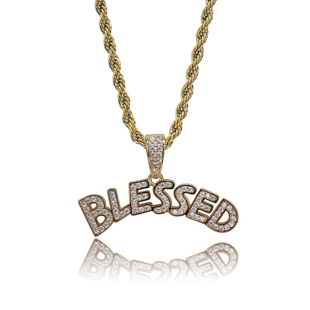 

18K Gold Plated Bling CZ Simulated Diamond Iced Letters Blessed Pendant Necklace Hip Hop Chain Jewelry for Men Charm Gifts