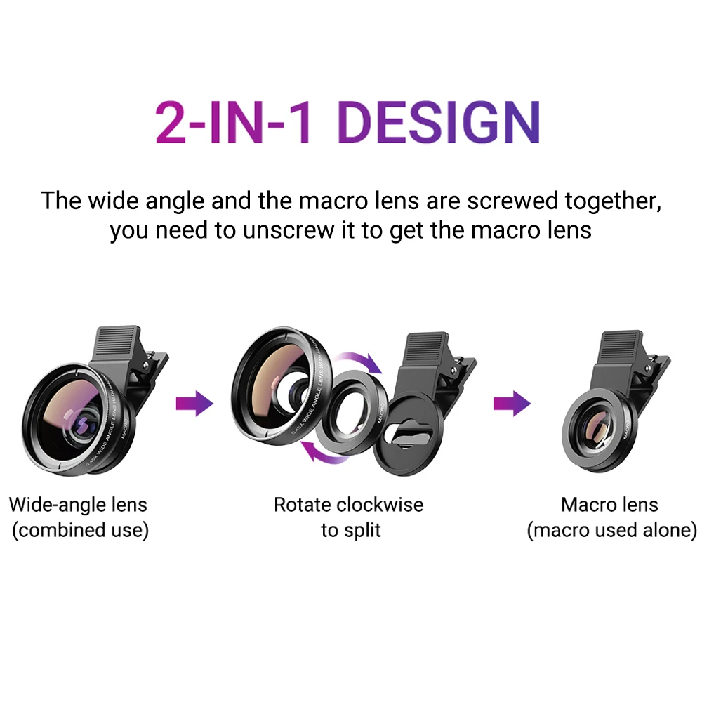 APEXEL 2 in 1 Phone Camera Lens kit 0.45x  Wide Angle & 12.5x  Macro Lens HD Camera Lentes for iphone ios android smartphones