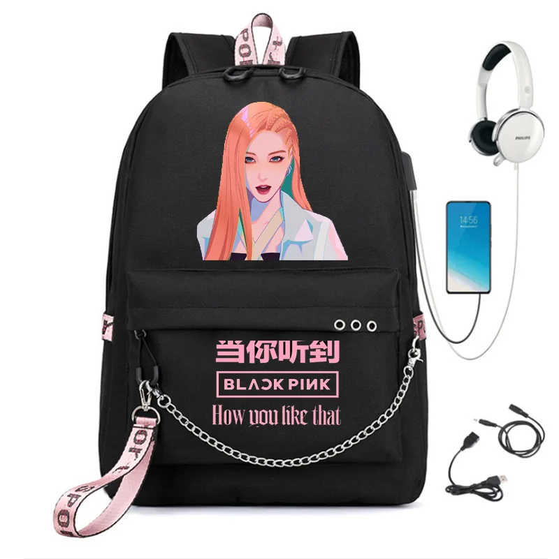 Mode Schwarz Rucksäcke Rosa Mädchen Schule Taschen Reisetaschen Laptop Kette Rucksack Kopfhörer USB Port