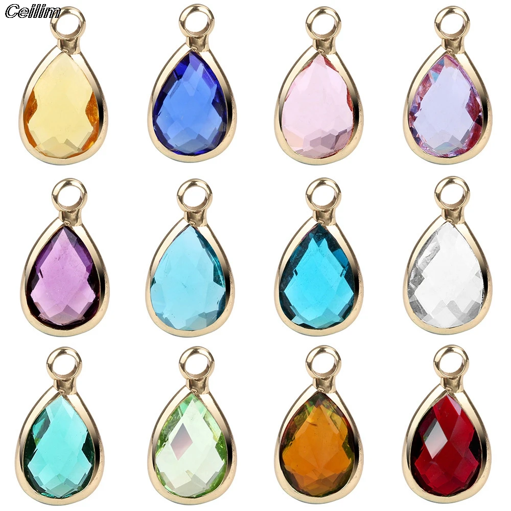 14mmx7.5mm 10pcs Colorful Crystal Birthstone Charms Gold Plated Teardrop Glass Charm Pendant For Jewelry Making Diy Accessories