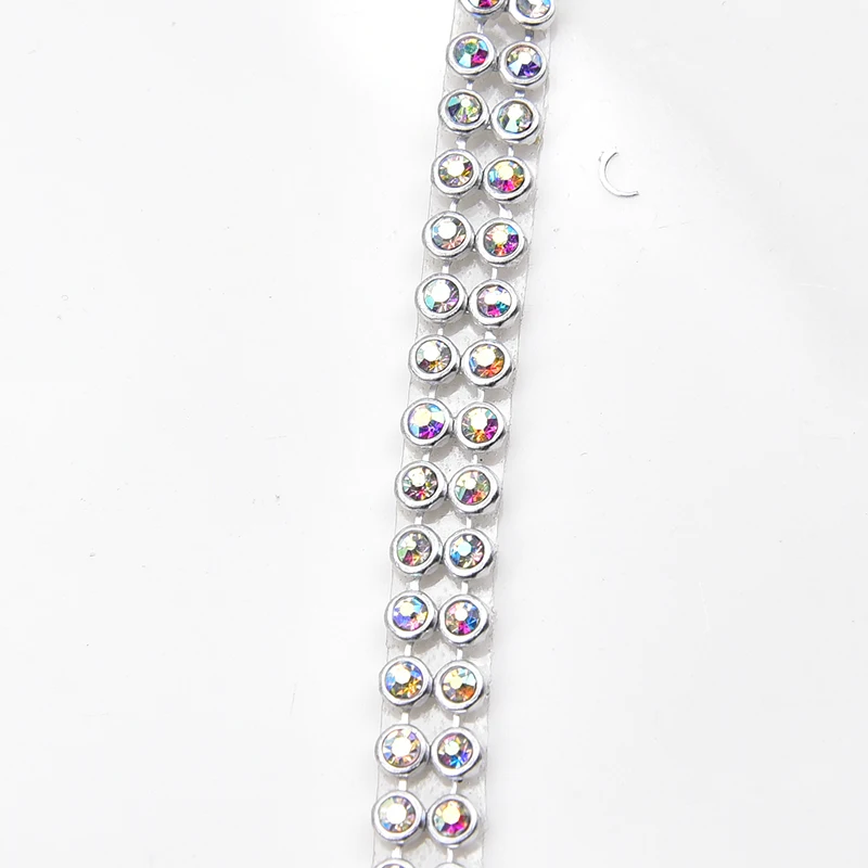 3mm 2 Rows 1.2 Meter Crystal AB Clear Stones Silver Hot Fix Rhinestone Mesh Trimming Aluminium Base Sew on Net Banding for Dress