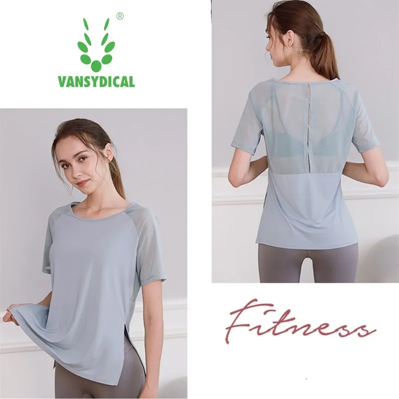 Vansydical Fitness Breathable Sportswear Women T-Shirt Sport Yoga Top Quick Dry Running Shirt Gym Clothes Sports Short Sleeve