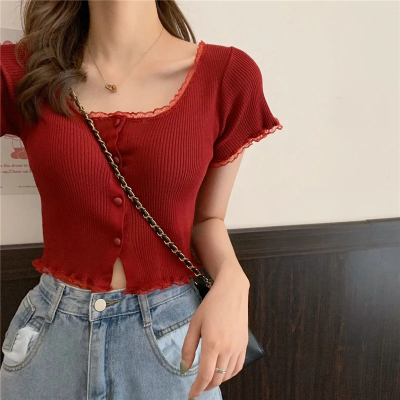 Women Patched Lace O-Neck Knitted Short Sleeve Thin Sweaters Cardigans Lady Single-breasted Buttons Sweater Crop Tops Female