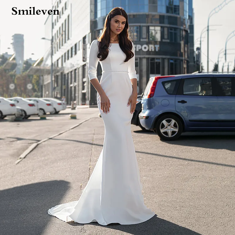 Smileven Elegante Satin Mermaid Trouwjurken Half Sleeve Ivoor Boho Wedding Bruidsjurk O-hals Abito Da Sposa