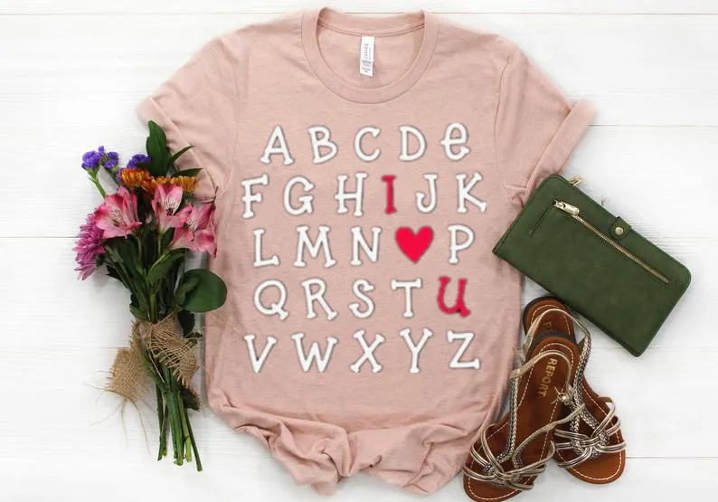 Teacher Valentine I Love you alphabet heart Day Funny Graphic O Neck Women 100%Cotton Casual Female Clothing Short Sleeve Tees