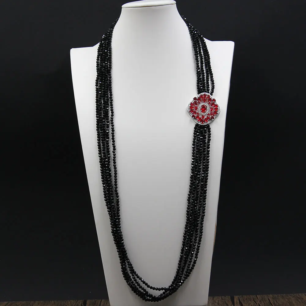 5 Strands Red CZ Crystal Connector Black Crystal Long Necklace Multi Strands Jewelry For Lady