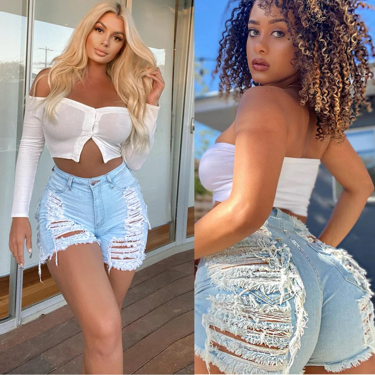 Summer Women High Waist Denim Short Sexy Hollow Out Tassel Ripped Mini Short Jean Booty Shorts Lady Fashion Skinny Cotton Shorts