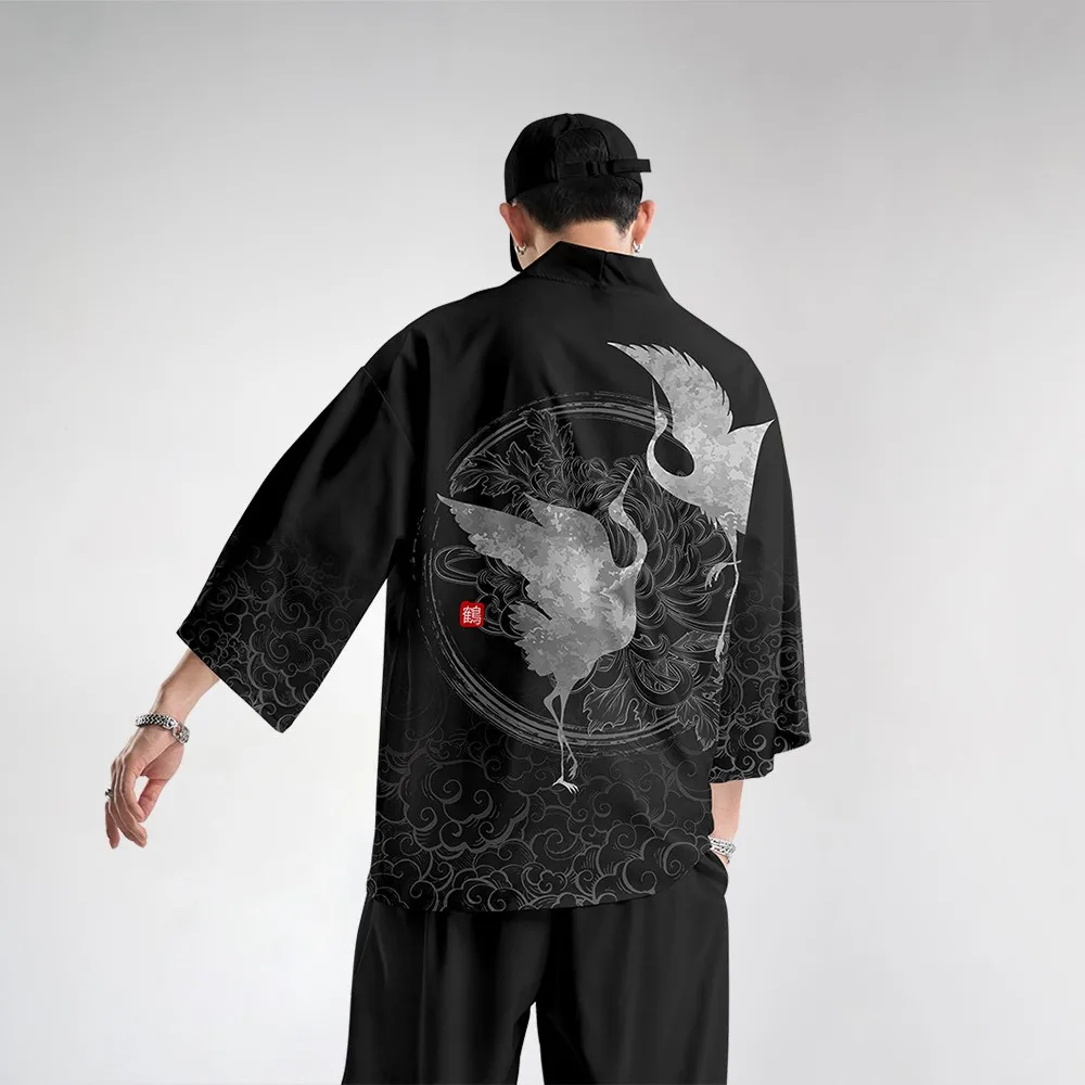 Oversize 6XL Men Kimono Cardigan Trousers Suit Japanese Print Crane Yukata Robe Set Novelty Jacket Chinese Style Tang Suit